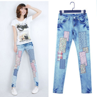 2011 autumn women's fancy applique casual denim pencil pants trousers a9449