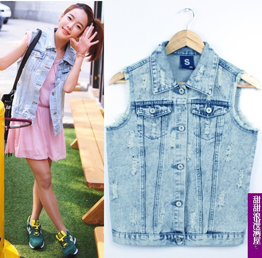 2011 autumn women's turn-down collar four seasons small casual denim vest denim top a9458