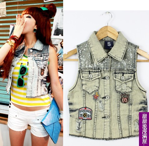 2011 autumn women's turn-down collar slim short design denim vest hole sequin vest a9456