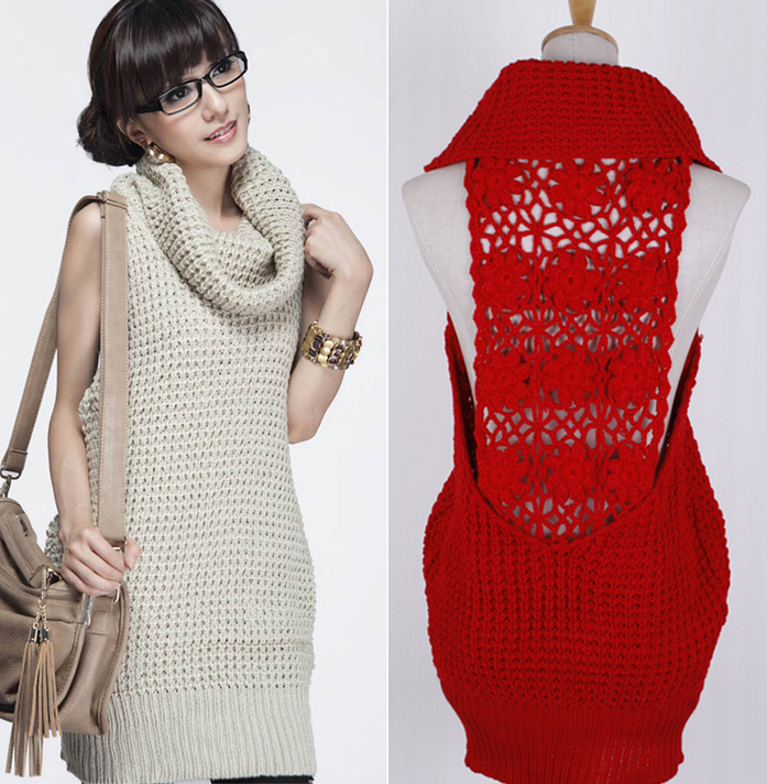 2011 elegant gentlewomen heap turtleneck back crochet fashion cutout sleeveless yarn tank dress