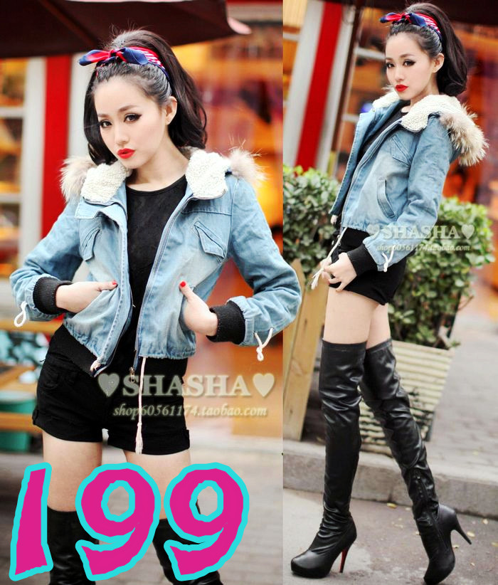 2011 fashion casual fur rabbit fur decoration berber fleece liner thick denim wadded jacket blue