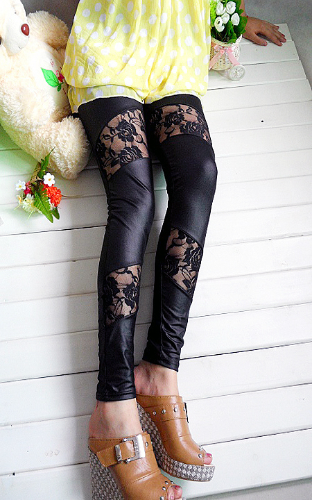 2011 fashion faux leather patchwork lace women clothing the leg lace ankle length trousers Freeshipping