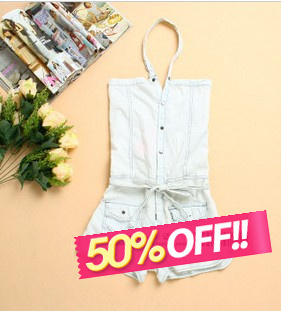 2011 fashion halter-neck denim one piece shorts