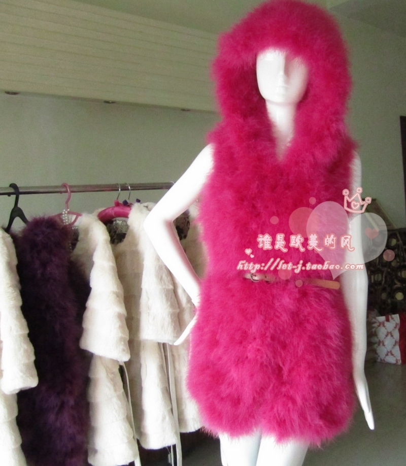 2011 fashion normic ostrich wool hooded medium-long fur coat