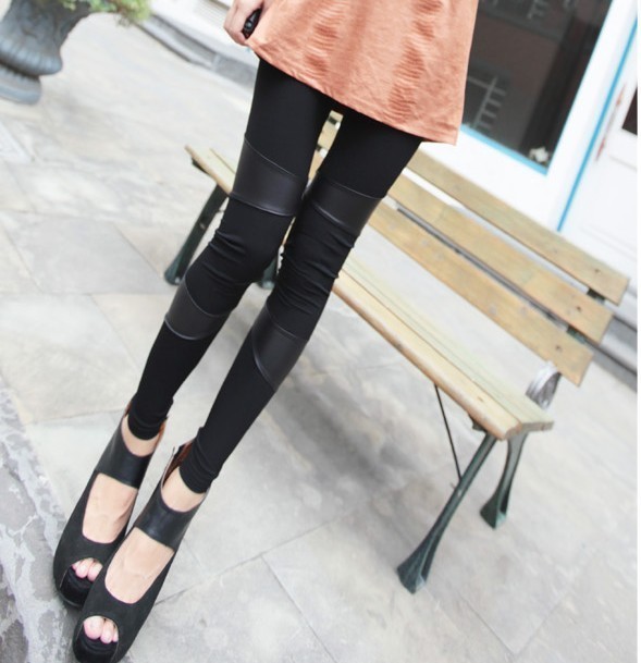 2011 faux leather patchwork milk silk high elasticity thin skinny legging pants free shipping