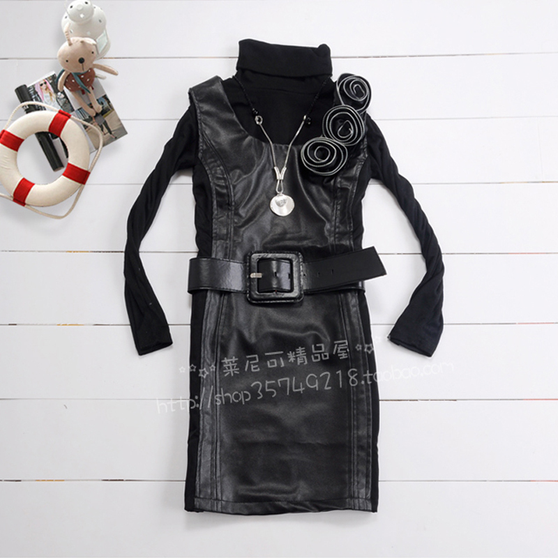 2011 female autumn new arrival three-dimensional flower slim leather vest one-piece dress with belt 2 -