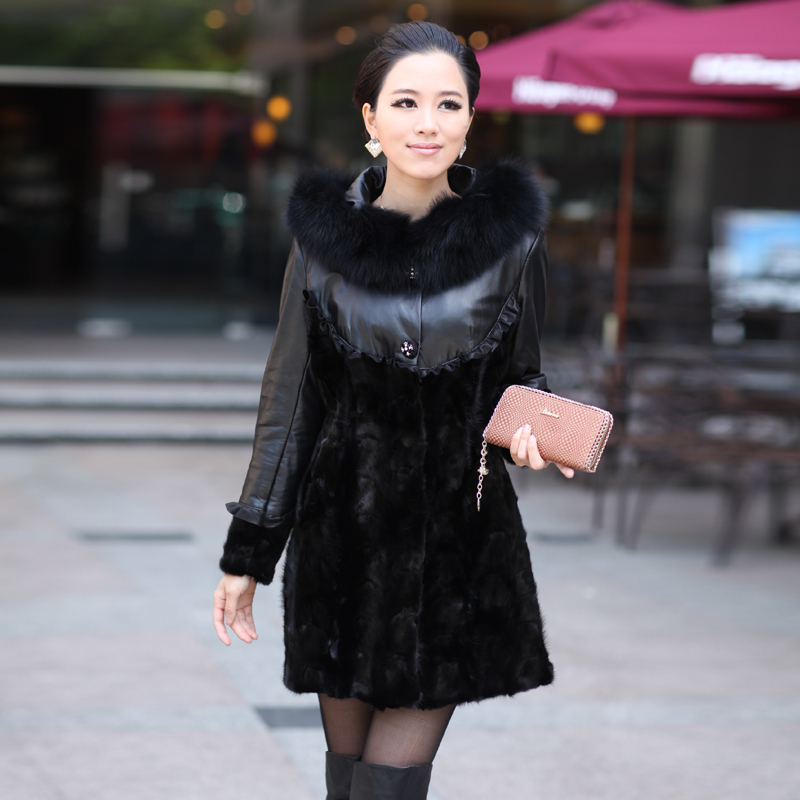 2011 genuine leather clothing mink fight mink medium-long fur coat women fur one piece