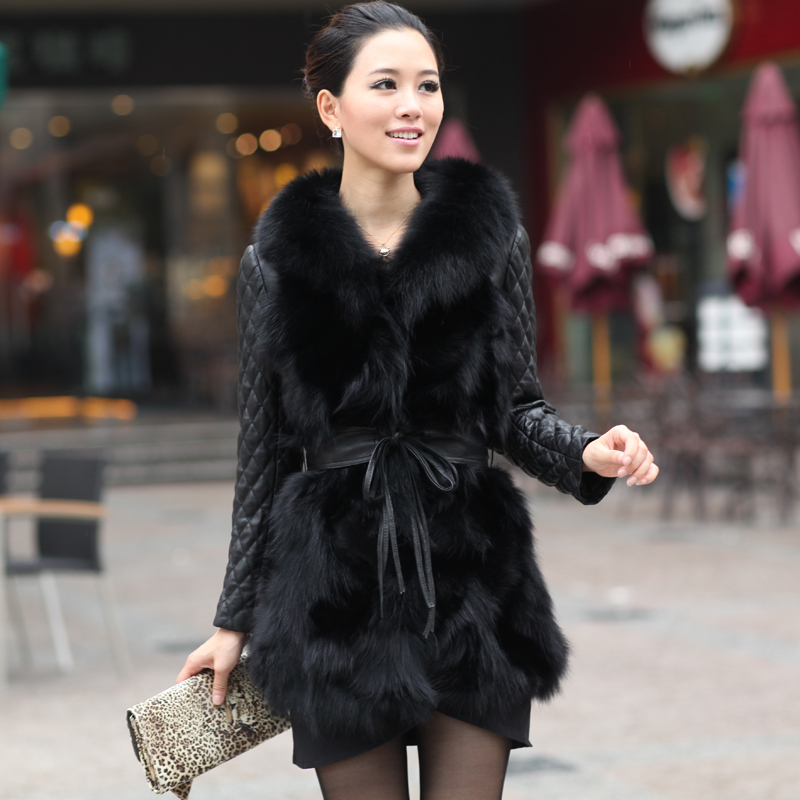 2011 genuine leather clothing Women medium-long fox wool fur coat leather clothing leather