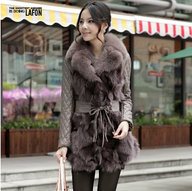 2011 genuine leather sheepskin fox fur medium-long women's fur coat women