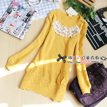 2011 knit co multi-layer lace collar medium-long long-sleeve sweater dress