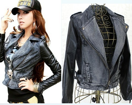 2011 slim fashion zipper personalized leather patchwork long-sleeve denim outerwear motorcycle outerwear