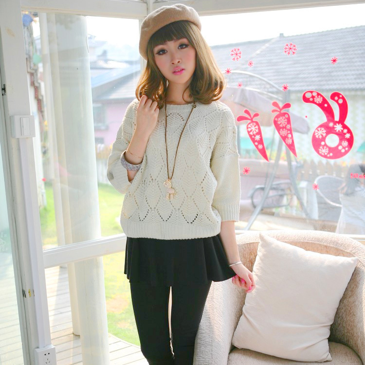 2011 spring and autumn white o-neck cutout loose batwing sleeve sweater rhombus 8301p45