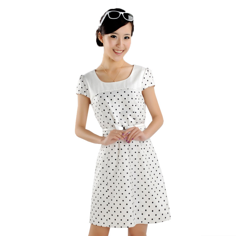 2011 summer linen ramie short-sleeve dress dot full dress leather belt