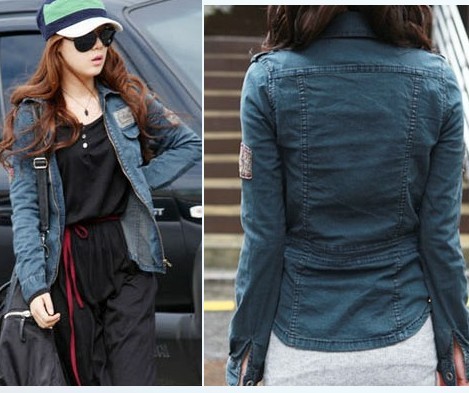 2011 turn-down collar applique zipper long-sleeve denim outerwear fashion denim coat female slim short jacket -jk