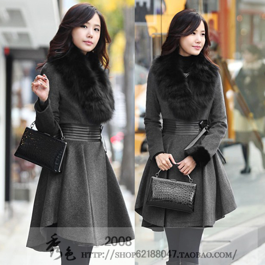 2011 winter fashion nobility elegant black fox fur pleated genuine leather slim waist wool coat wool