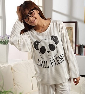 2011 women's autumn knitted 100% cotton stripe cartoon o-neck long-sleeve sleepwear lounge set