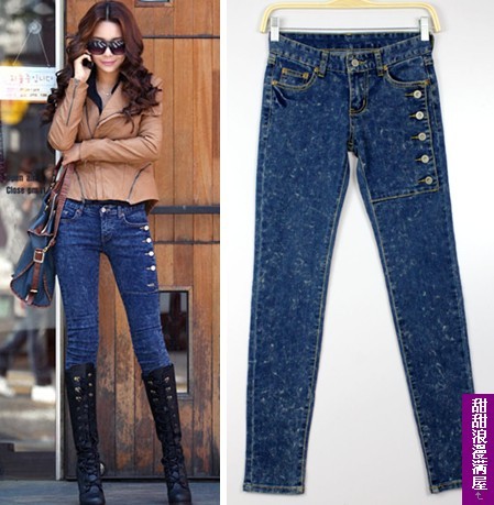 2011 women's breasted elastic denim skinny pants pencil pants trousers a9490