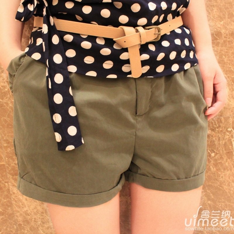 2011 women's solid color sweet lotus leaf ruffle hem pockets high waist shorts loose roll up hem hot trousers