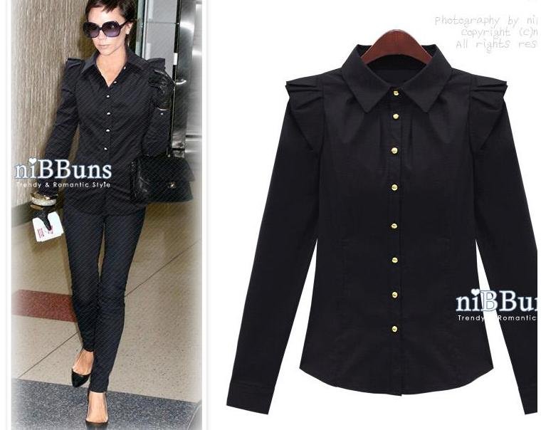 2012 100% Brand New ladies' Ruffles Soild slim  long sleeve shirt Wholesale & Retail