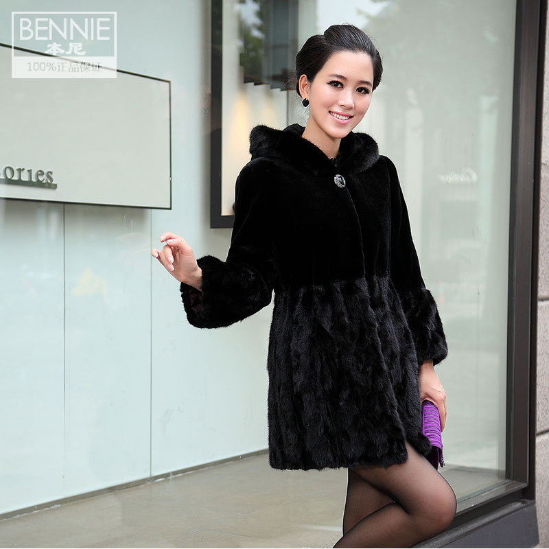 2012-2013 new style winter mink hair turn-down collar black long-sleeve medium-long fight mink fur coat