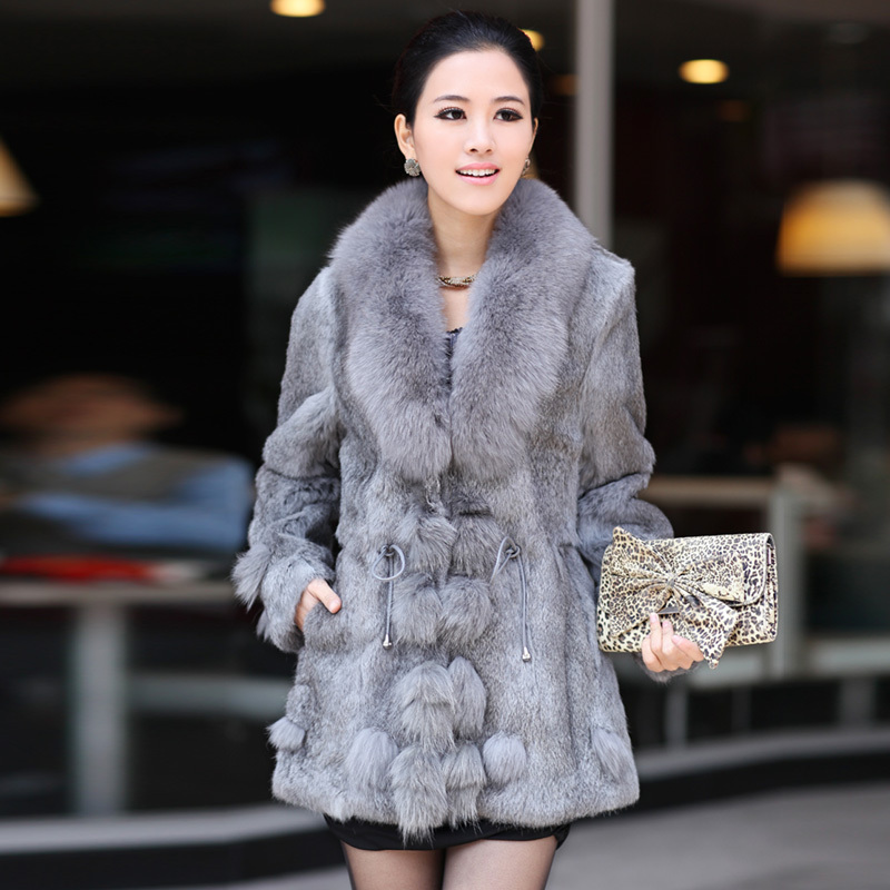 2012-2013 Winter 100% Wild Rabbit Hair Fur Coat With Big Fox Fur Coollar/Plus Size M-XXXL