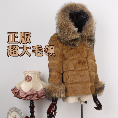 2012 9 ultralarge raccoon fur hooded rabbit fur coat horizontal stripe short design