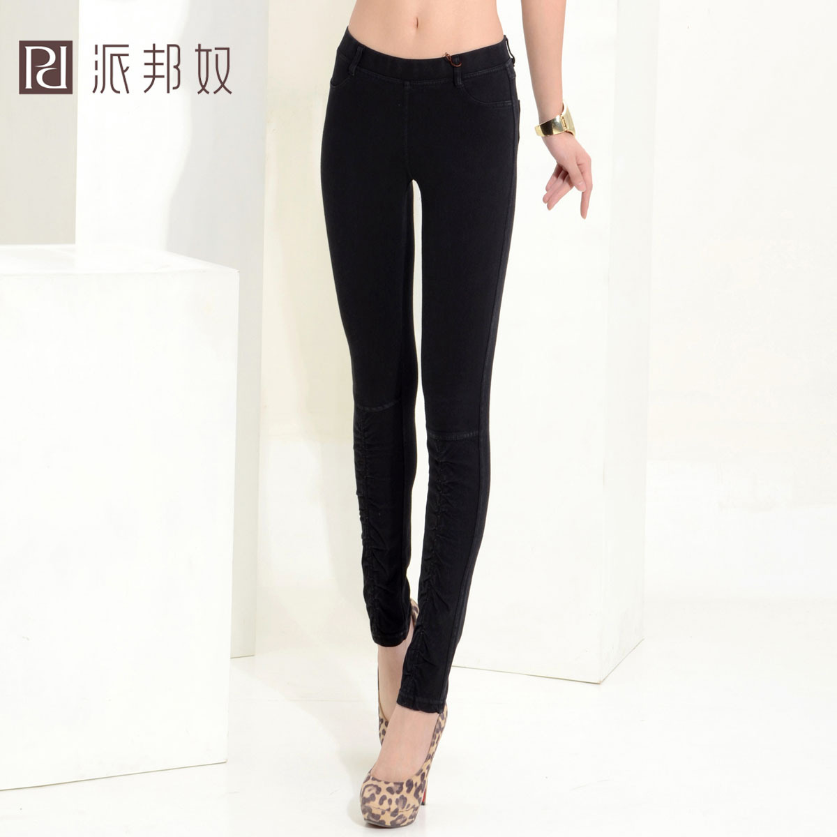 2012 90213 black single tier denim elastic basic warm pants pencil pants female