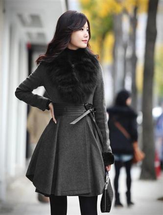 2012 9025 elegant gray classic fur collar pleated genuine leather slim waist slim wool coat