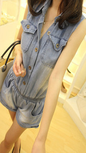 2012 all-match casual double pocket water wash denim one piece shorts female