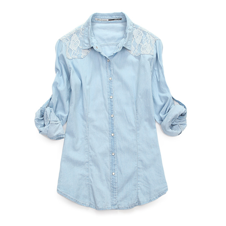 2012 all-match casual vintage cat-eye buckle lace water wash denim shirt