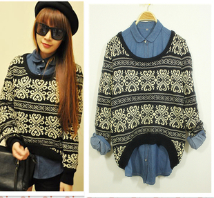 2012 all-match fashion vintage national trend stripe jacquard low-high loose sweater