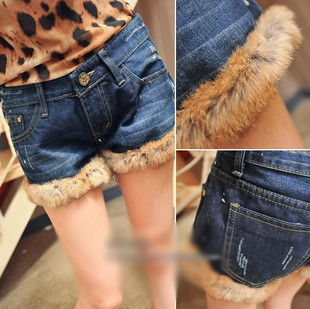 2012 all-match rabbit roll-up hem roll up hem patchwork denim shorts