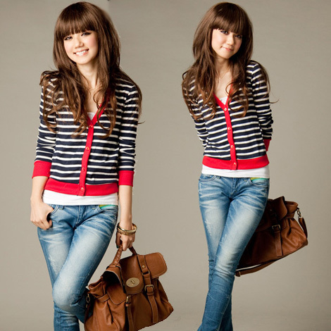 2012 all-match stripe slim stripe preppy style short jacket knitted cotton cardigan