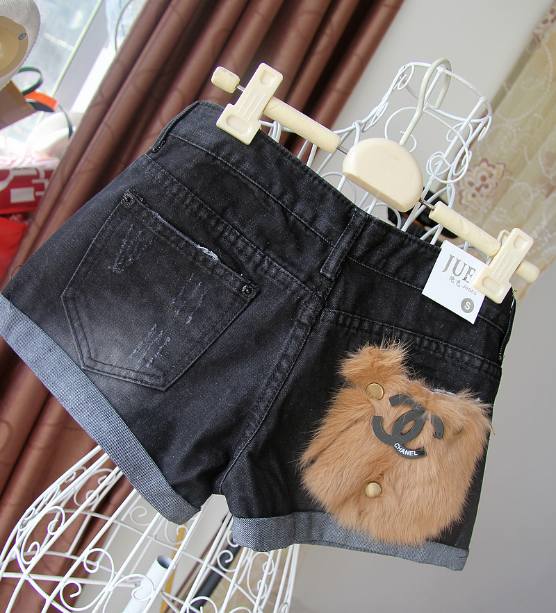 2012 all-match the disassemblability rabbit fur pocket small denim shorts boot cut jeans