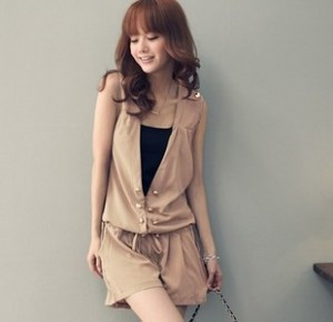 2012 AMIO double metal buckle sleeveless drawstring V-neck one piece shorts thin