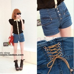 2012 AMIO fashion wind buckle high waist back lacing denim shorts