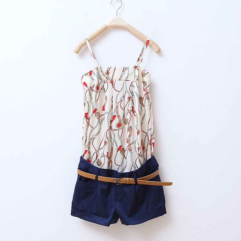 2012 AMIO vintage chains print tube top spaghetti strap patchwork clothing shorts with belt wd718