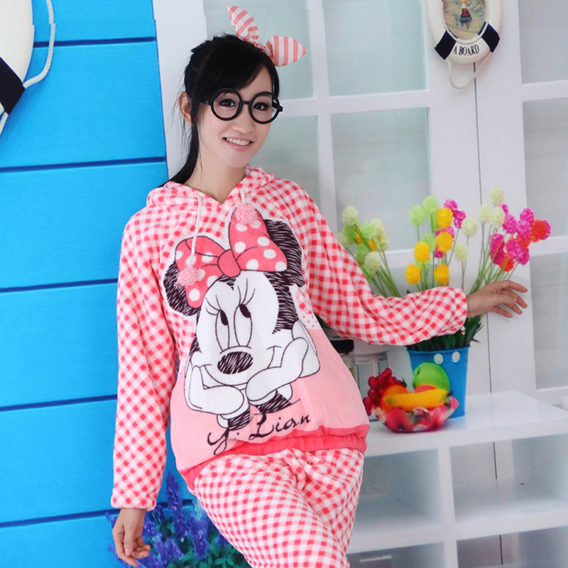 2012 animal  sleepwear flannel with a hood pajama set/ cartoon MICKEY printed lounge fleece  nightwear for women free shipping