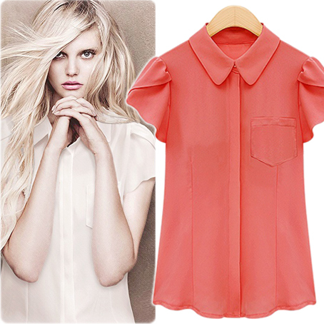 2012  Arrival Women Chiffon Exquisite British Style Candy Color Small Lapel Puff Sleeve Slim Shirt