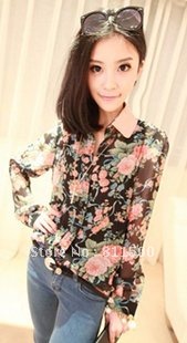 2012 as new spring chic chiffon perspective flower shirt chiffon shirt