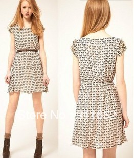 2012 asos print onta pattern o-neck short-sleeve dress with belt  Free shipping