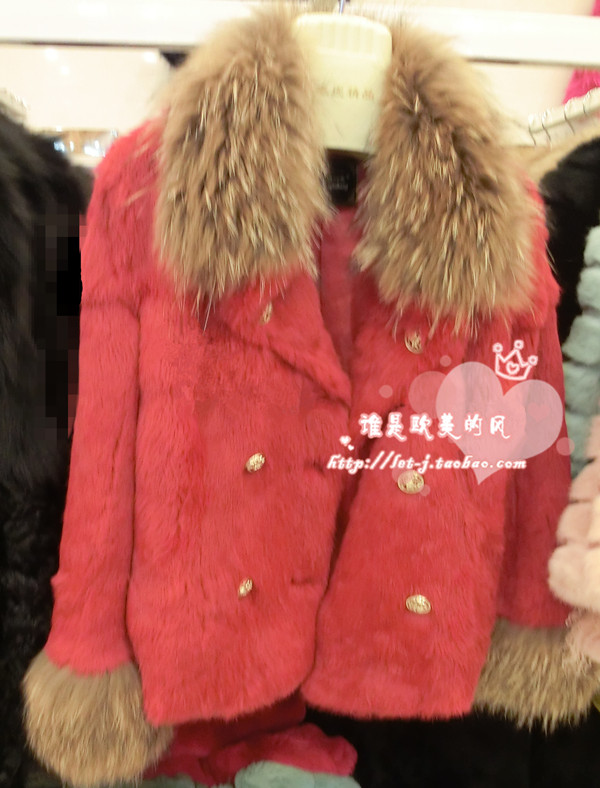 2012 asuka fashion double breasted military wind raccoon fur rabbit fur coat