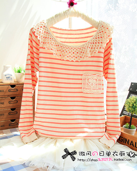 2012 autumn 1.5gg laciness peter pan collar stripe sweater basic shirt female long-sleeve sweater loose