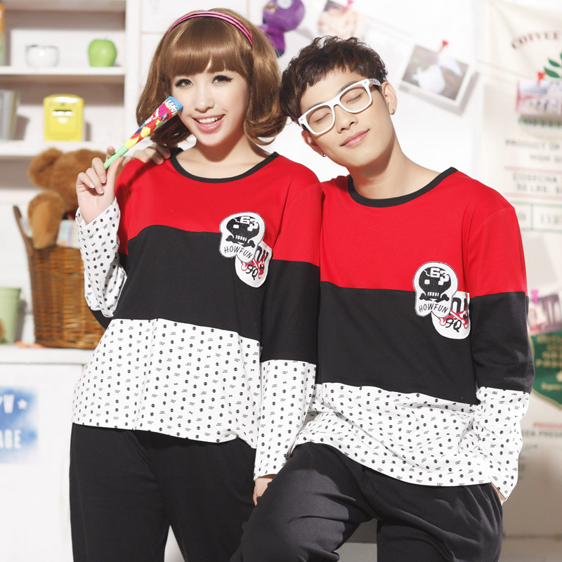 2012 autumn 100% cotton long-sleeve sleepwear casual women's male sleep set lovers lounge