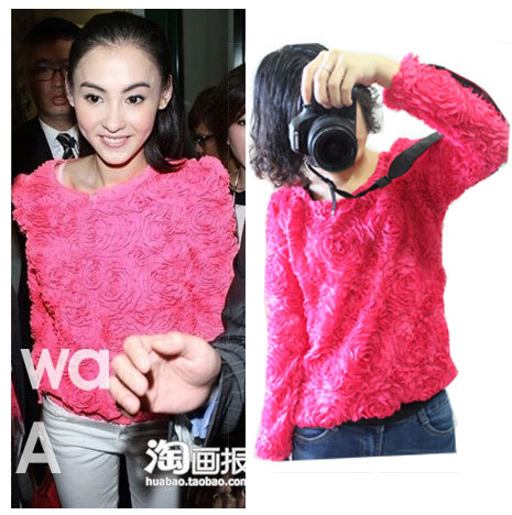 2012 autumn 3d three-dimensional rose chiffon lace top t-shirt female