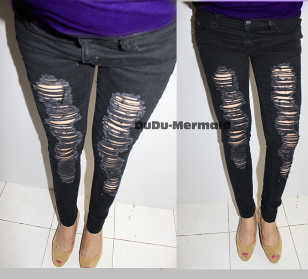 2012 autumn all-match hole black low-waist elastic jeans pencil skinny pants