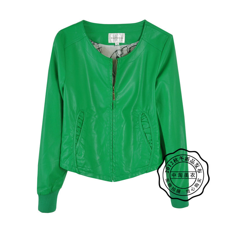 2012 autumn all-match slim o-neck long-sleeve PU motorcycle water washed leather clothing outerwear green female