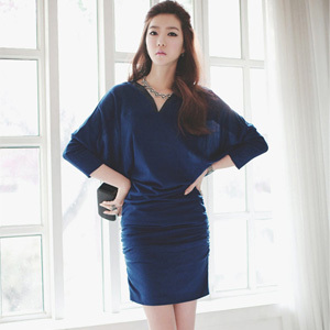 2012 autumn all-match sz women's slim leather patchwork V-neck skirt long-sleeve dress