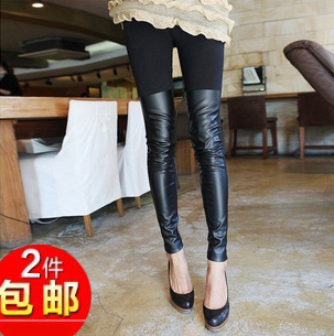 2012 autumn and winter 100% cotton faux leather patchwork legging female plus size lengthen boot cut jeans