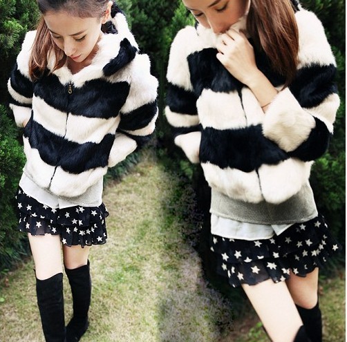 2012 autumn and winter 9177 black-and-white stripe patchwork thickening hooded faux rabbit fur wadded jacket outerwear